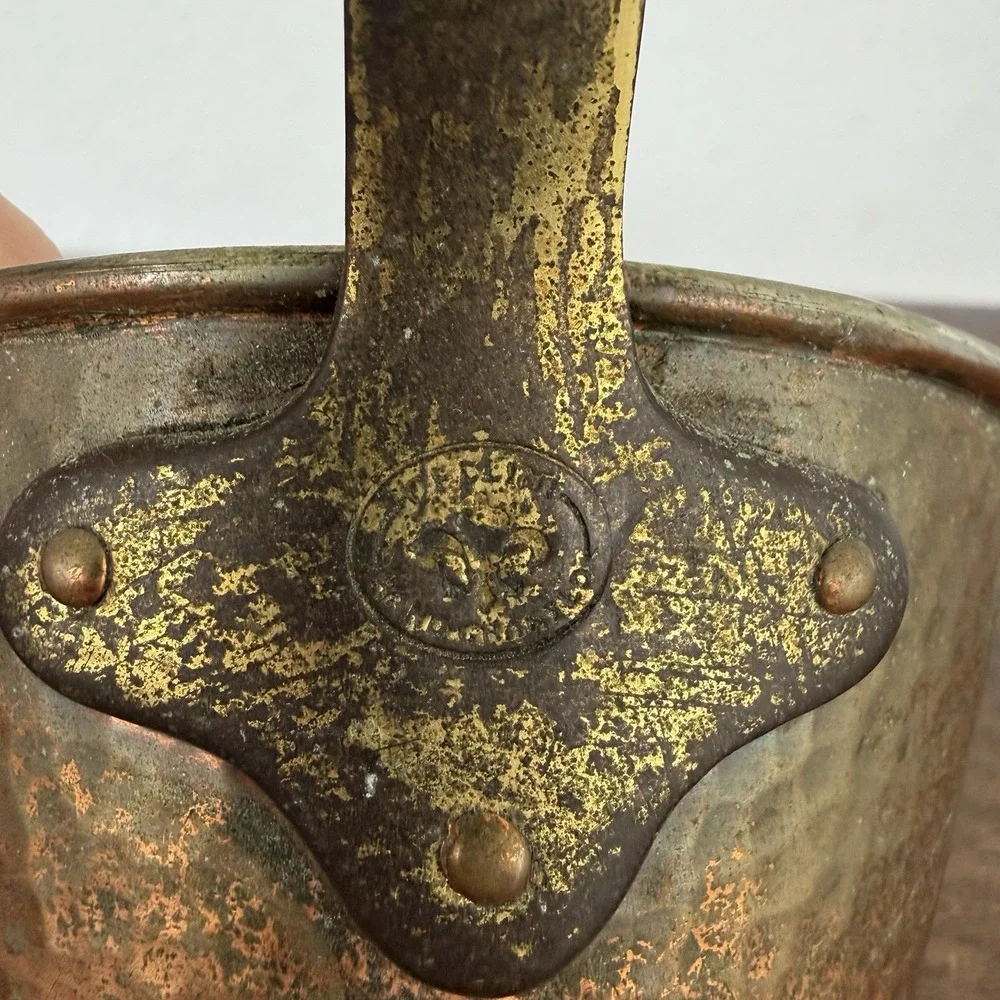 HEAVY THICK FRENCH ANTIQUE COPPER‎ And BRASS SAUCEPAN HAND HAMMERED POT 5
